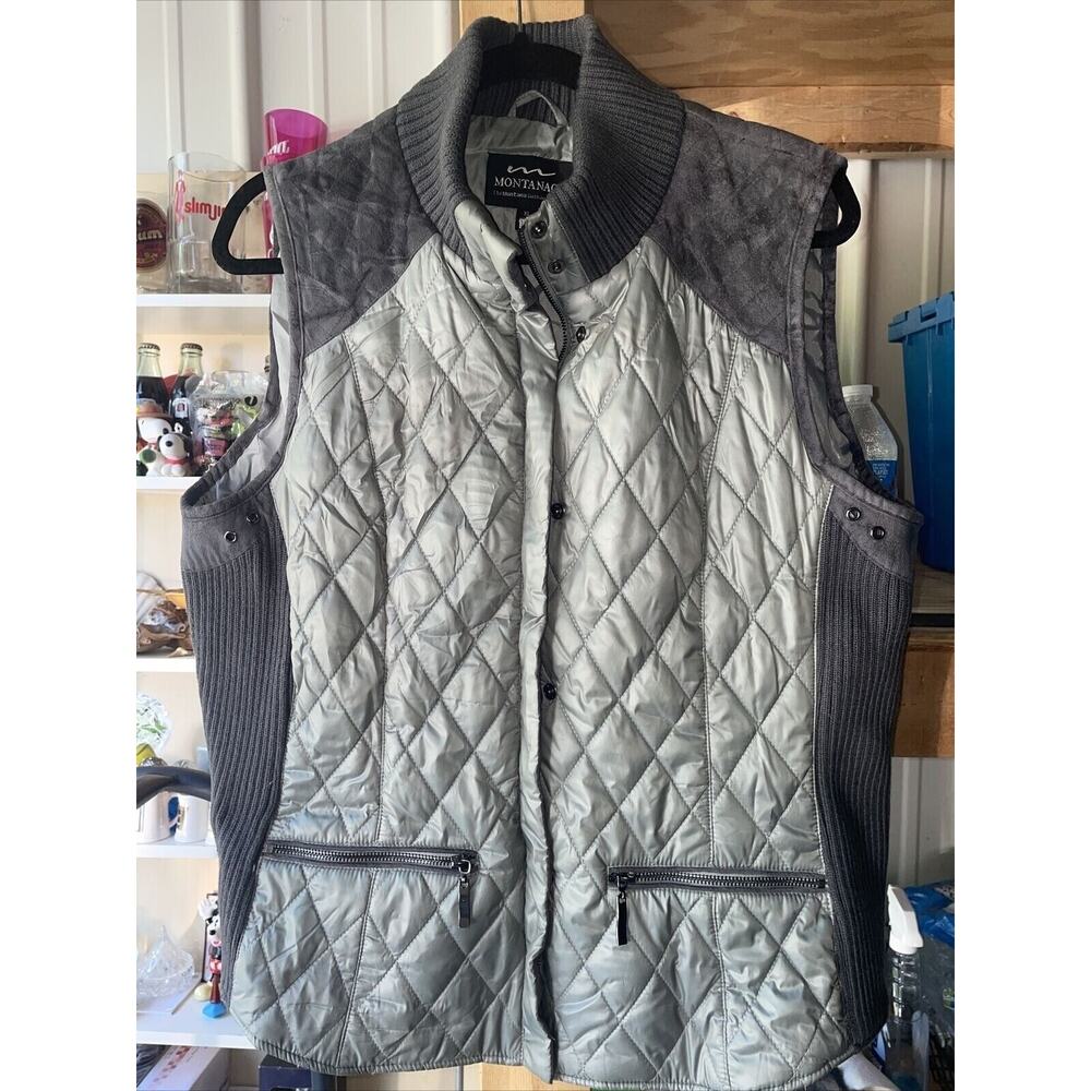 Montanaco Womens Puffer Vest Knit Faux Leather Trim XL Sliver‎ Gray